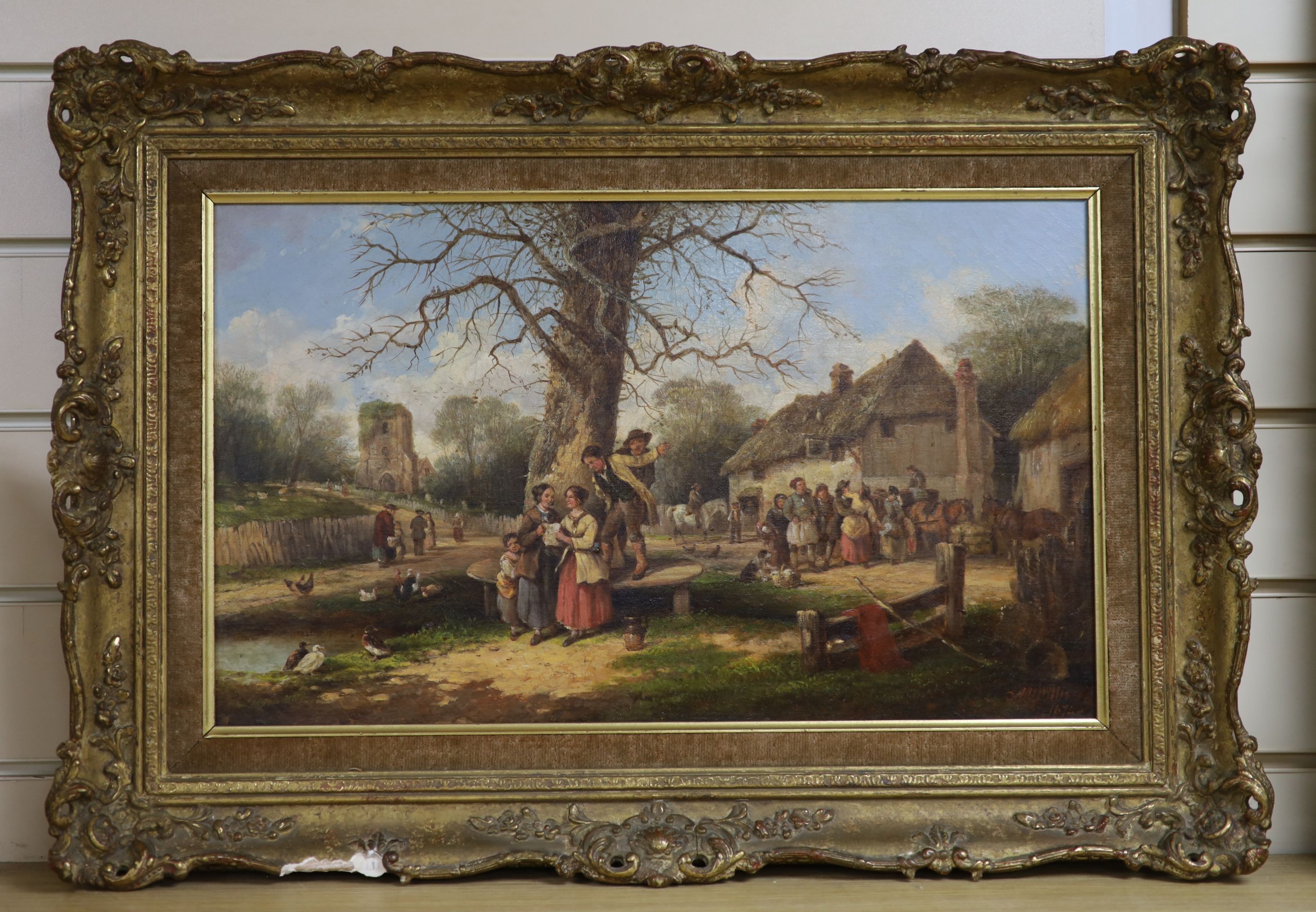 A Willis, 1874, oil on canvas, revellers outside a tavern, signed and dated, 29 x 49cm.